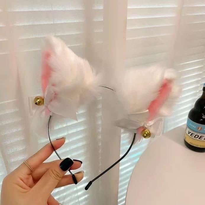 Cat Ear Headband with Bell, White and Pink