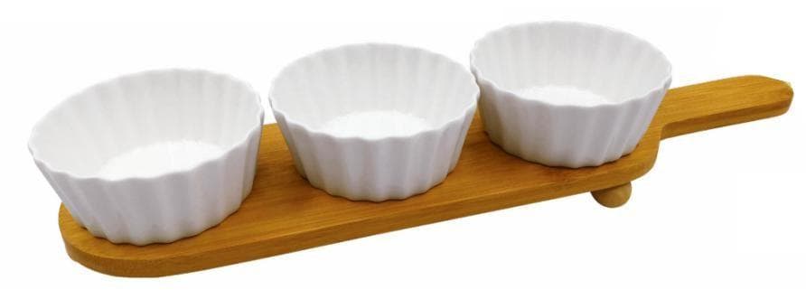 3-Piece Fluted Ceramic Dip Bowl Set on Bamboo Paddle Board