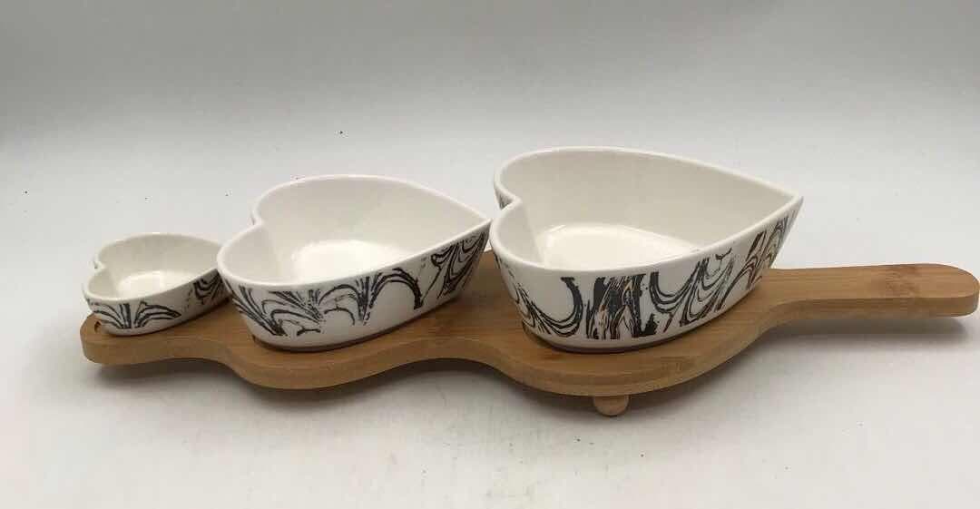 3-Piece Ink-Swirl Teardrop Ceramic Dip Bowl Set on Bamboo Paddle Board