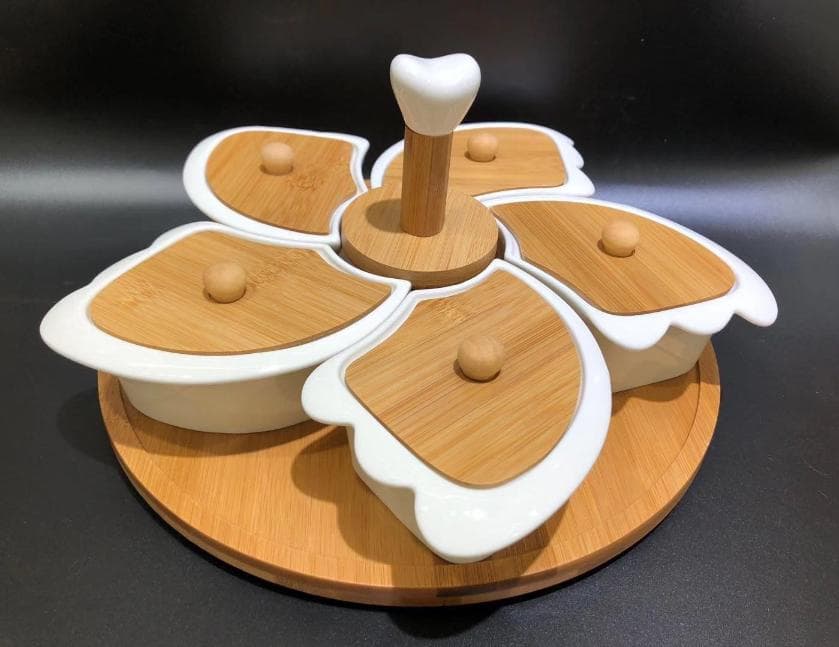 5-Piece Ceramic Serving Dish Set with Bamboo Lids on Rotating Base