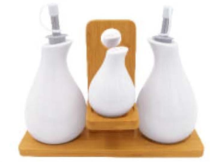 Smooth Ceramic Oil and Vinegar Set with Shaker on Bamboo Stand