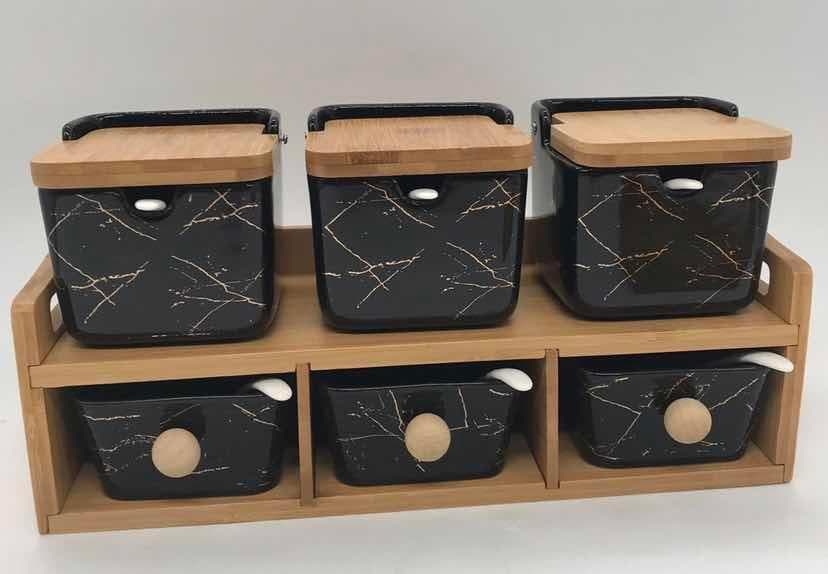6-Piece Black Marble-Effect Ceramic Condiment Jar Set with Bamboo Lids on Two-Tier Rack