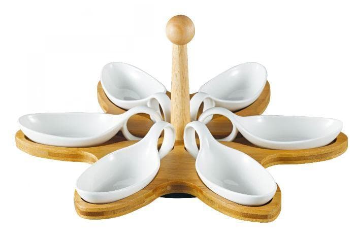 6-Piece Oval Ceramic Serving Dish Set on Bamboo Base with Post