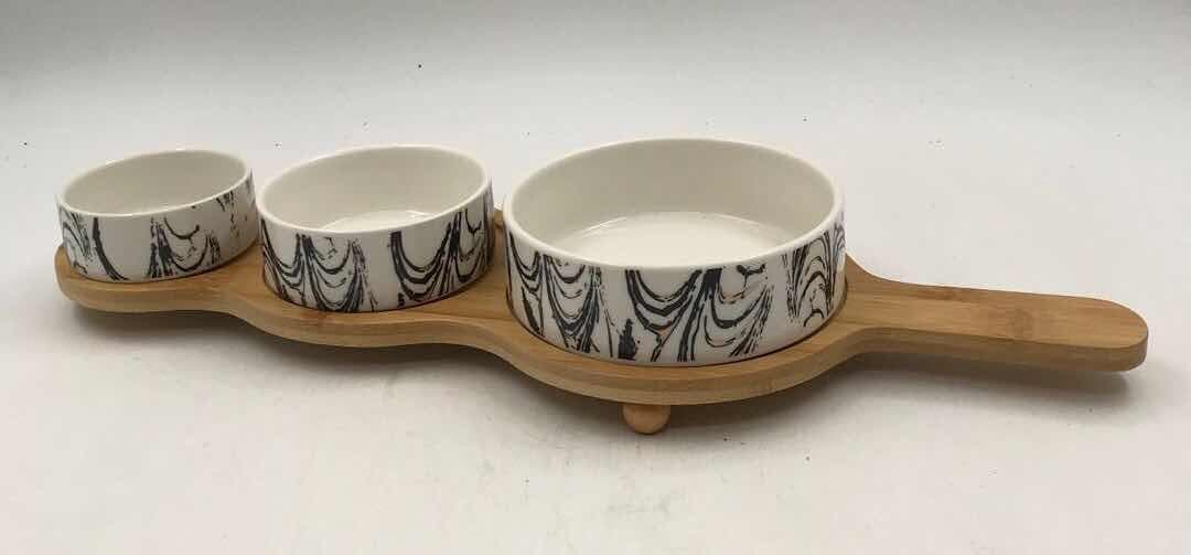 3-Piece Ink-Swirl Ceramic Dip Bowl Set on Bamboo Paddle Board