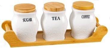 3-Piece Sugar, Tea and Coffee Embossed Ceramic Canister Set on Bamboo Tray