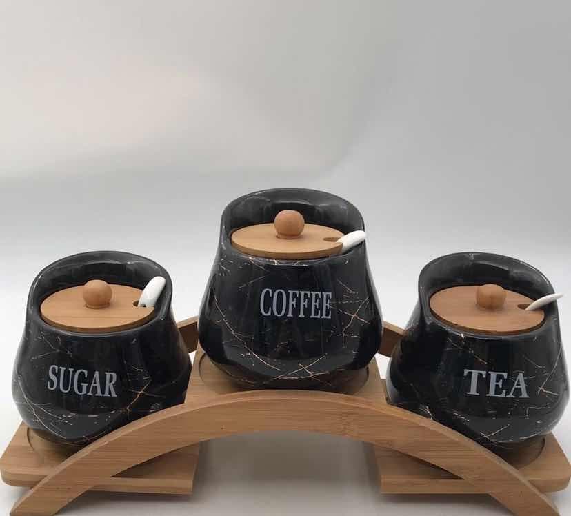 3-Piece Black Marble-Effect Ceramic Condiment Jar Set with Spoons on Arched Bamboo Stand