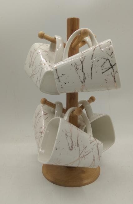 6-Piece Square-Handled Marble-Effect Ceramic Mug Set on Bamboo Mug Tree