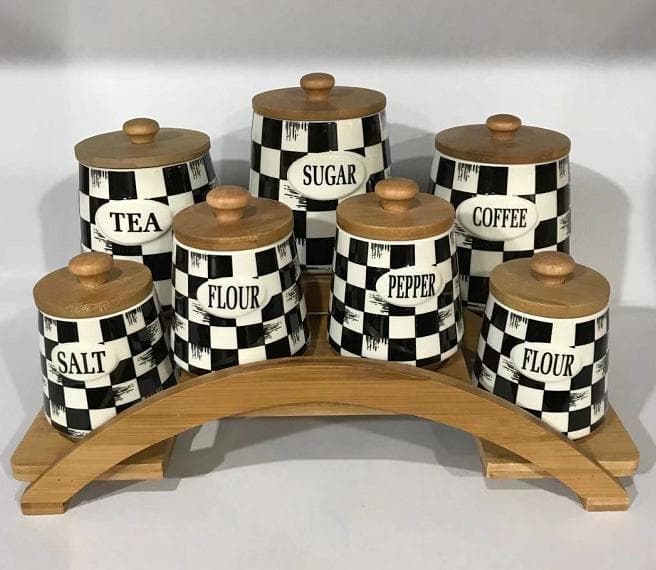 7-Piece Labelled Chequerboard Ceramic Canister Set on Arched Bamboo Stand