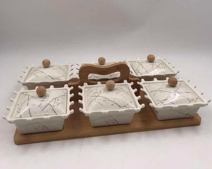 6-Piece Marble-Effect Lidded Ceramic Dish Set with Wooden Knobs on Bamboo Tray