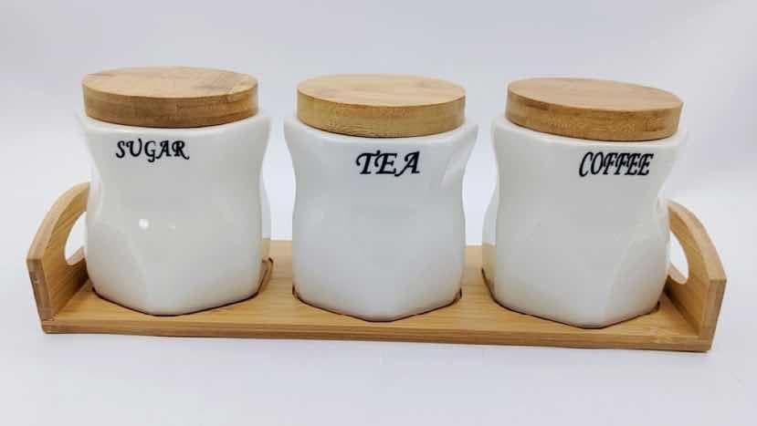 3-Piece Faceted Ceramic Sugar, Tea and Coffee Canister Set on Bamboo Tray