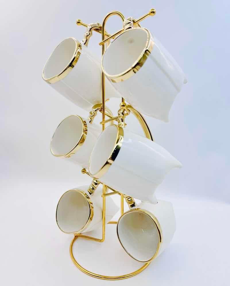 6-Piece Gold-Rimmed Tapered Ceramic Mug Set on Gold Metal Mug Tree, White