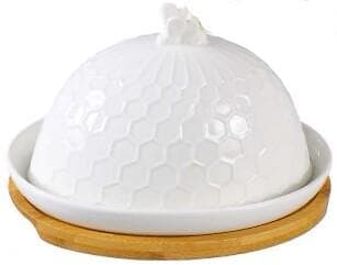 Honeycomb Ceramic Cheese Dome with Bee Knob on Oval Bamboo Board, Large