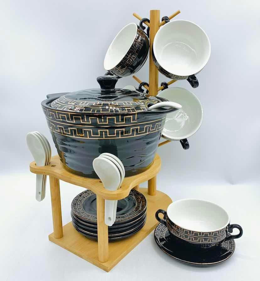 Greek-Key Ceramic Soup Tureen Set with Bowls and Spoons on Bamboo Stand, Black