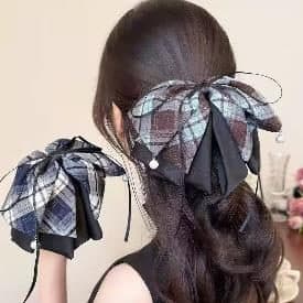 Grey Check Bow Claw Clip with Pearl