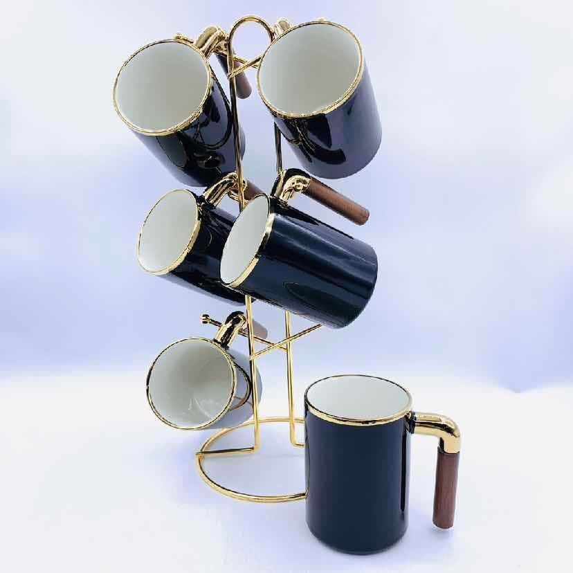 6-Piece Gold-Rimmed Ceramic Mug Set with Wooden Handles on Gold Metal Mug Tree, Black