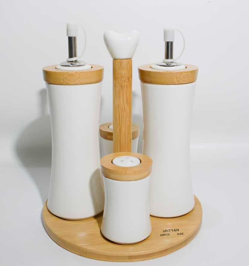 Ceramic Oil and Vinegar Set with Bamboo Collars and Shaker on Round Bamboo Stand
