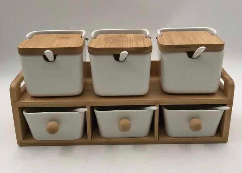 6-Piece Square Ceramic Spice Jar Set with Bamboo Lids on Two-Tier Rack