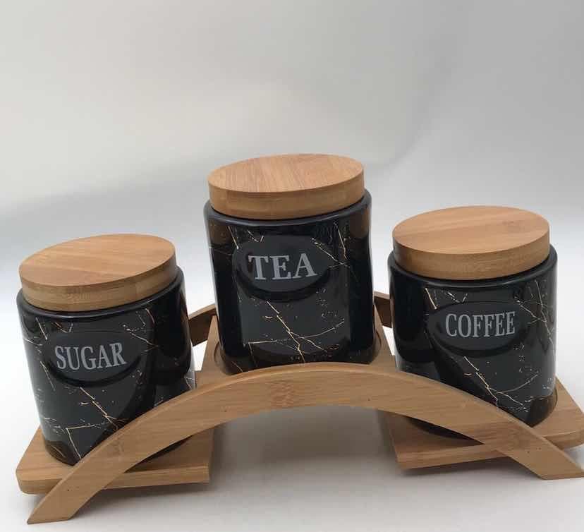 3-Piece Black Marble-Effect Ceramic Canister Set with Bamboo Lids on Arched Bamboo Stand
