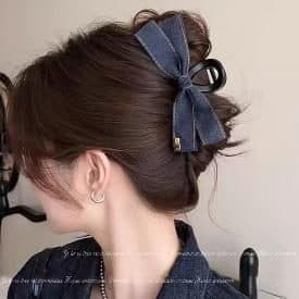 Denim Bow Claw Clip, Navy