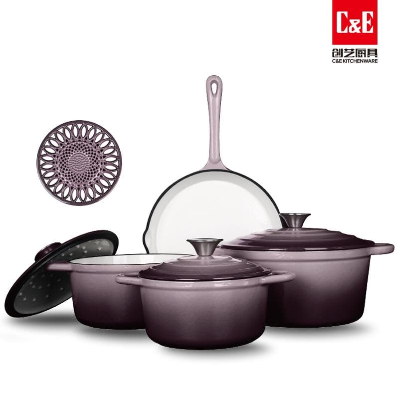 8pc Enamel Cast Iron Cookware Set, 20/22/24cm Casseroles and 25cm Frying Pan 8