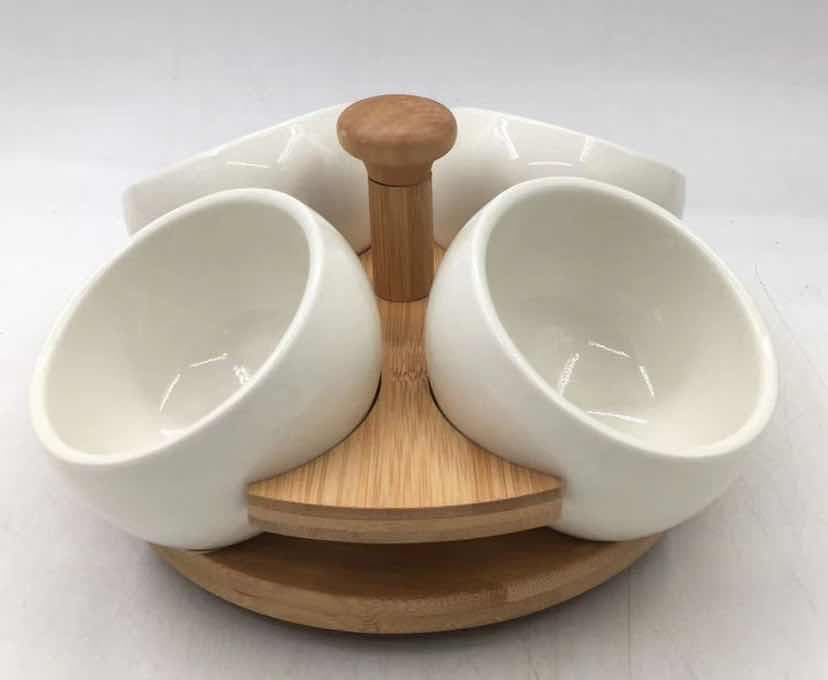 4-Piece Ceramic Serving Bowl Set on Rotating Bamboo Base with Handle