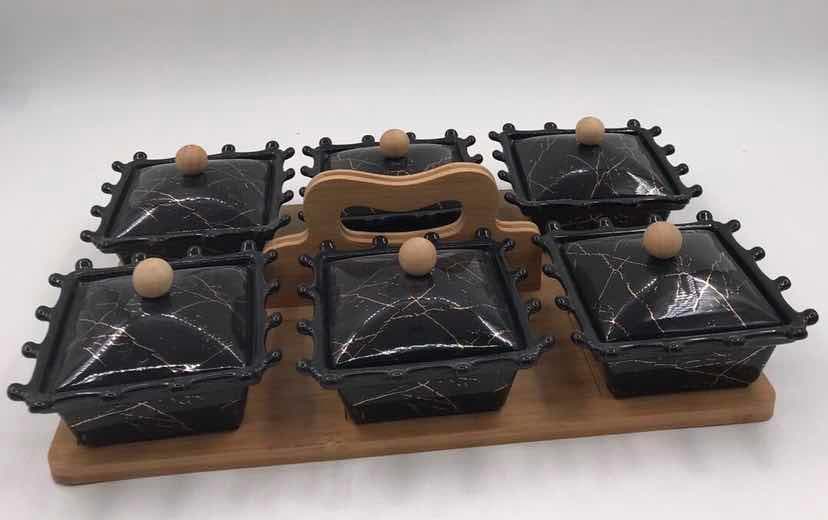 6-Piece Black Marble-Effect Lidded Ceramic Dish Set with Wooden Knobs on Bamboo Tray