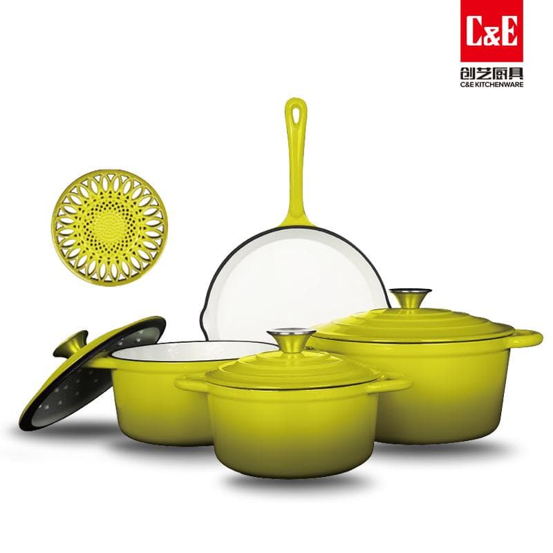 8pc Enamel Cast Iron Cookware Set, 20/22/24cm Casseroles and 25cm Frying Pan 7