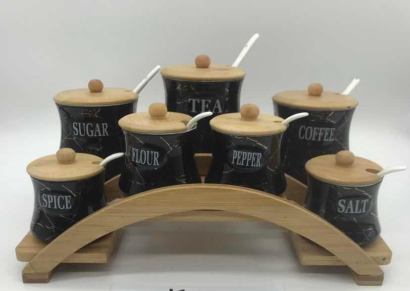 7-Piece Labelled Black Marble-Effect Ceramic Condiment Jar Set with Spoons on Arched Bamboo Stand