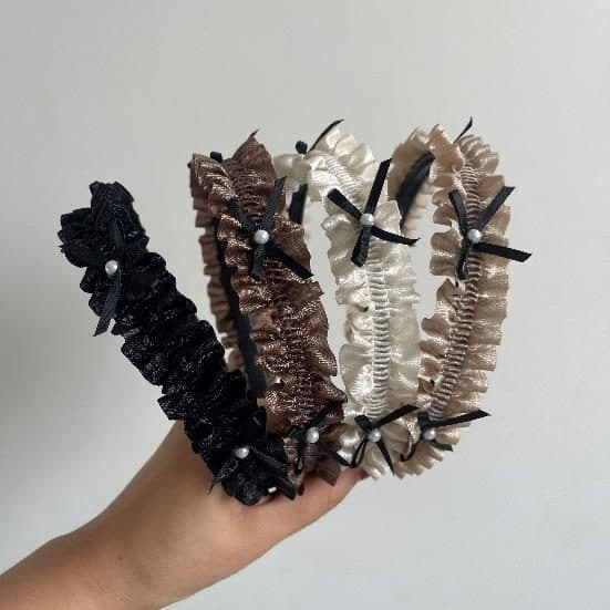 Ruffled Bow Headband, Black, Brown and Cream
