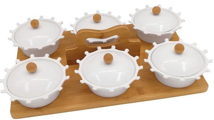6-Piece Lidded Ceramic Bowl Set with Wooden Knobs on Bamboo Tray