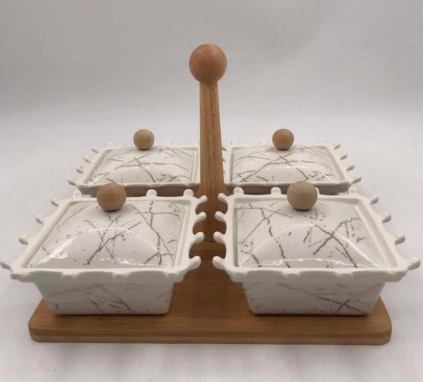 4-Piece Marble-Effect Lidded Ceramic Serving Dish Set on Bamboo Tray with Centre Handle