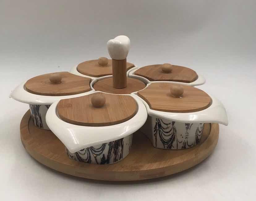 5-Piece Ink-Swirl Lidded Ceramic Dish Set on Rotating Bamboo Base with Handle