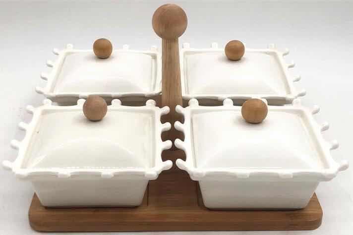 4-Piece Lidded Ceramic Serving Dish Set on Bamboo Tray with Centre Handle