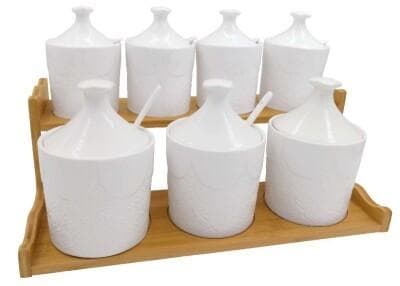 7-Piece Ceramic Condiment Jar Set with Spoons on Bamboo Stand