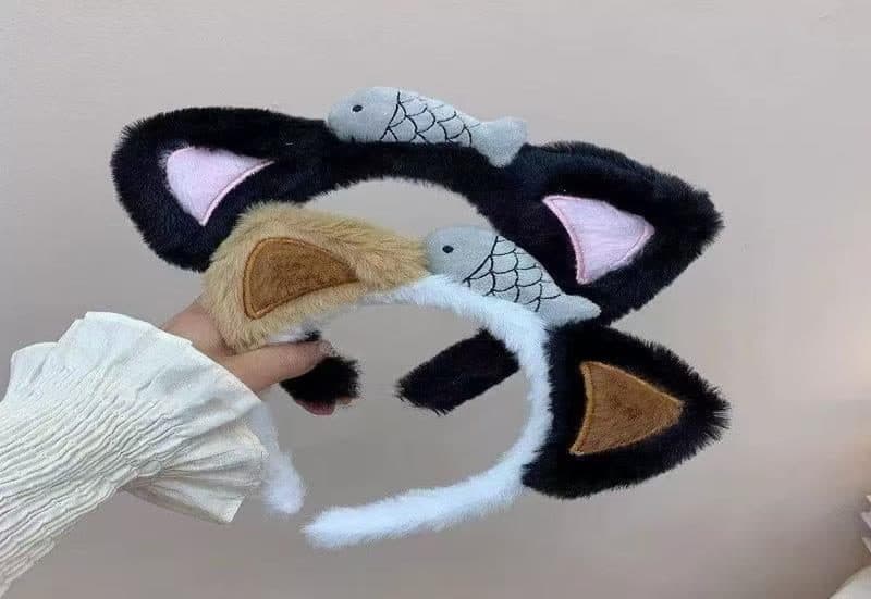 Cat Ear Headband with Fish, Black and White