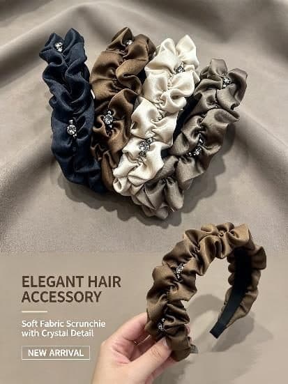 Satin Scrunchie Headband with Crystal, Navy and Cream