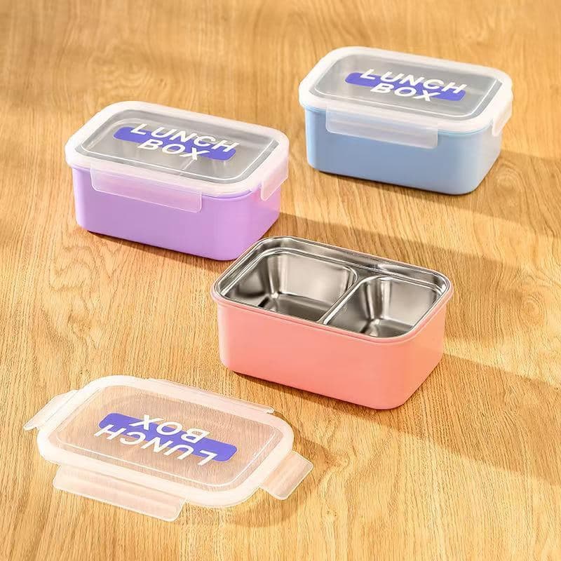 201 Stainless Steel 2-Compartment Lunch Box, 700 ml, 18 x 12.5 x 8 cm, with Spoon and Fork 3