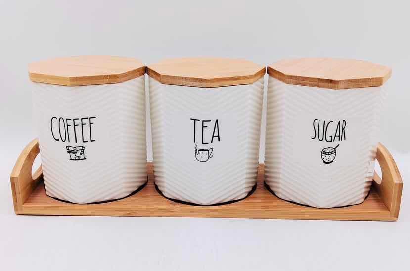 3-Piece Fluted Ceramic Coffee, Tea and Sugar Canister Set on Bamboo Tray