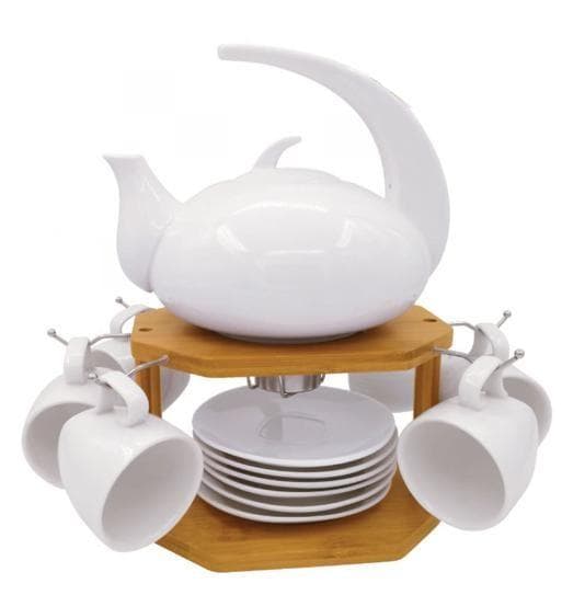 Ceramic Tea Set with Teapot, 4 Cups and Saucers on Bamboo Stand