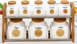 8-Piece Labelled Ceramic Spice and Canister Set on Two-Tier Bamboo Rack