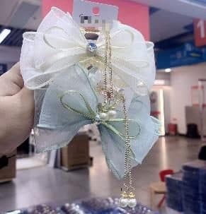 Organza Bow Claw Clip with Pearl Chain, Cream and Mint