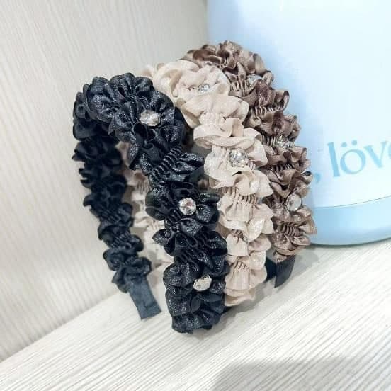 Ruffled Crystal Headband, Navy and Cream Pair