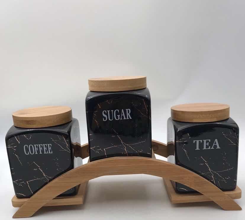 3-Piece Tall Black Marble-Effect Ceramic Canister Set with Bamboo Lids on Arched Bamboo Stand