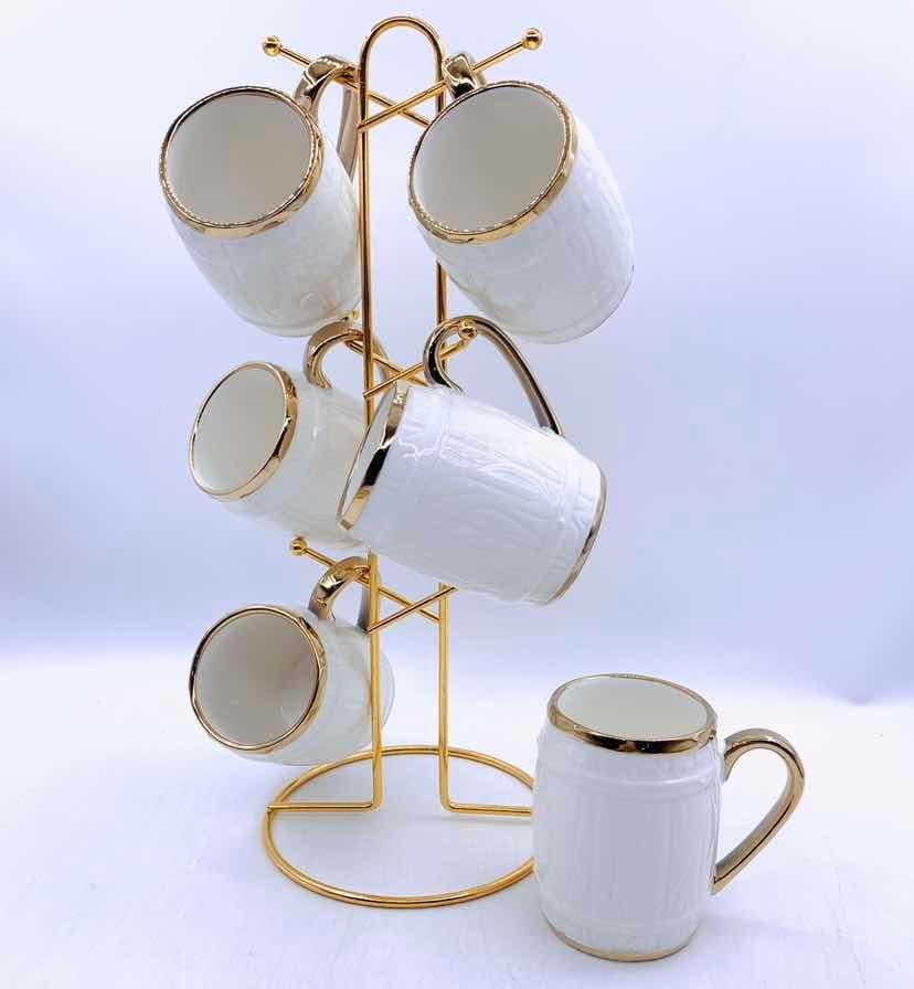 6-Piece Gold-Rimmed Embossed Ceramic Mug Set on Gold Metal Mug Tree, White