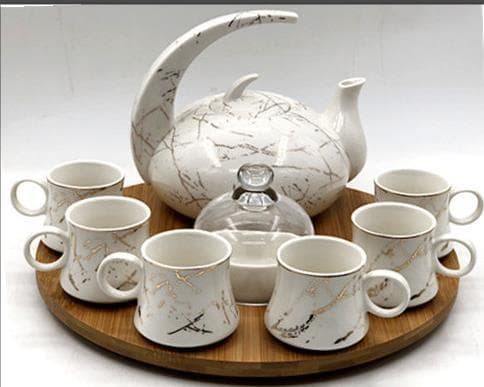 Marble-Effect Ceramic Teapot and Six Cup Set on Round Bamboo Tray