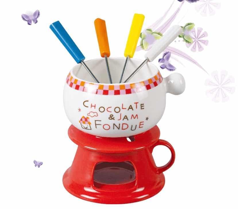 Ceramic Chocolate and Jam Fondue Set with Forks and Tealight Burner