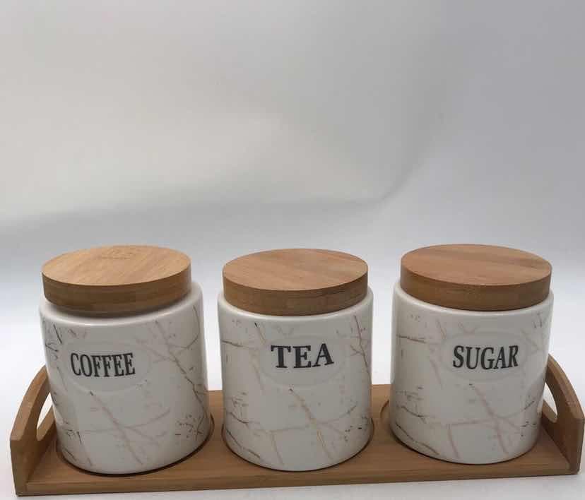 3-Piece Round Marble-Effect Ceramic Canister Set with Bamboo Lids on Bamboo Tray