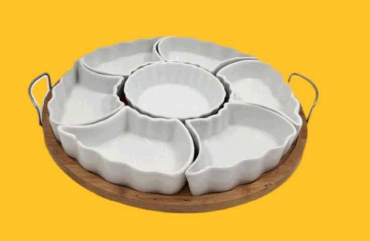 7-Section Ceramic Serving Platter on Round Bamboo Tray with Handles