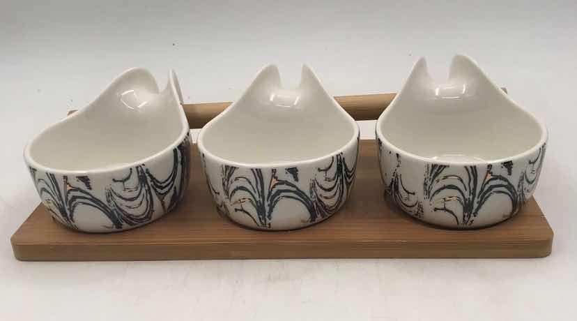 3-Piece Ink-Swirl Teardrop Ceramic Bowl Set on Bamboo Tray