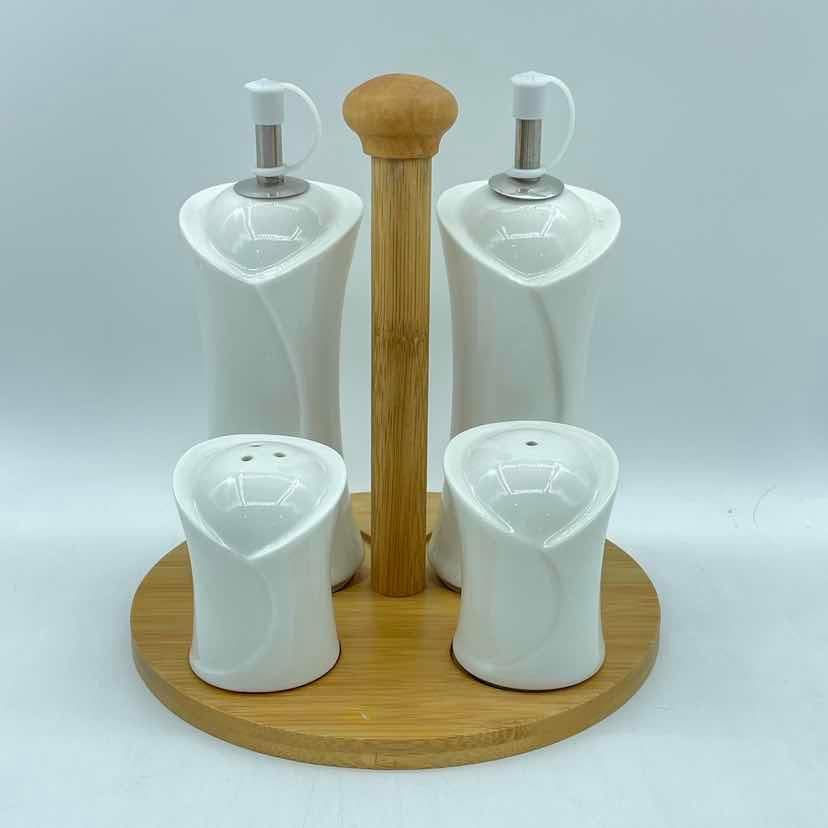 Ceramic Oil, Vinegar and Shaker Set on Round Bamboo Stand with Post Handle